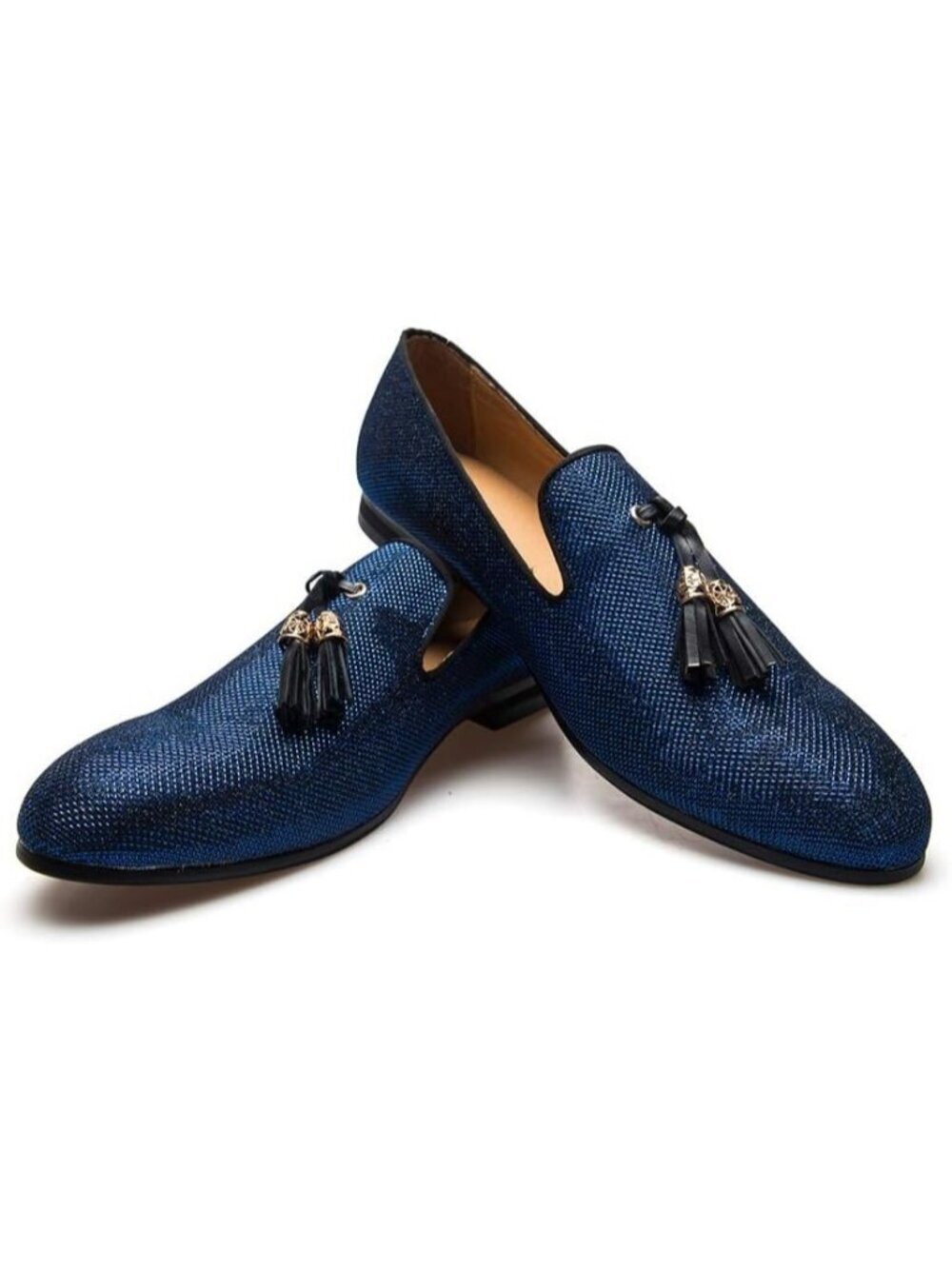 JITAI Men's Blue10 Velvet Tassel Loafers Embroidery Slip On Block Heel Shoes